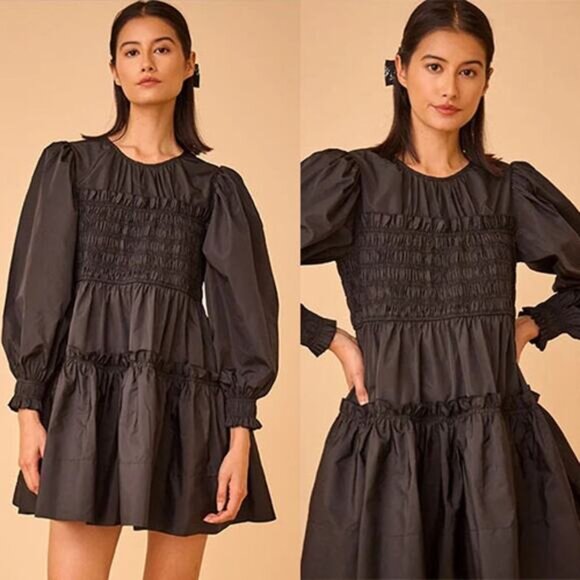 NWT Hunter Bell Arley Smocked Full Skirt Ruffle Puffed-Sleeve Black Mini Dress - Picture 8 of 8